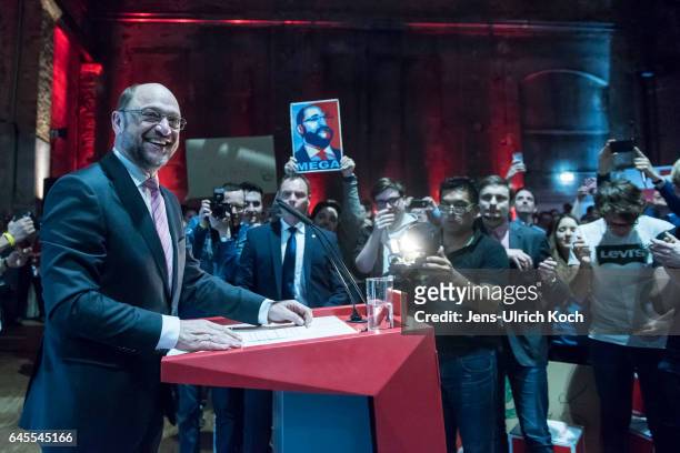 Martin Schulz, chancellor candidate of the German Social Democrats , speaks at a campaign event on February 26, 2017 in Leipzig, Germany. Schulz...
