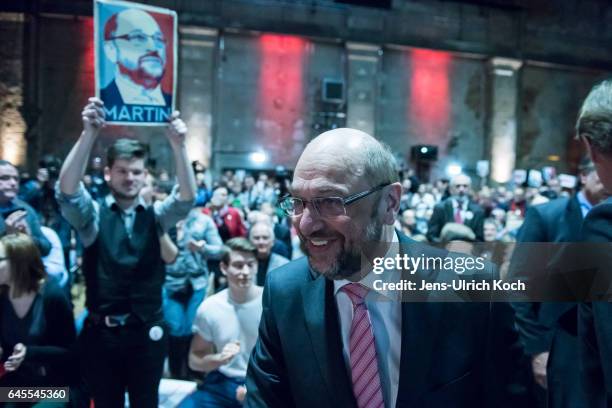 Martin Schulz, chancellor candidate of the German Social Democrats , walks to the stage at a campaign event on February 26, 2017 in Leipzig, Germany....