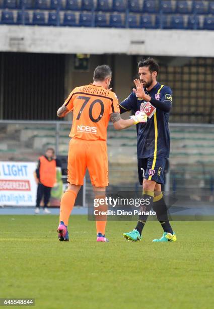 ChievoVerona players is celebrate Castro's team's second goal during the Serie A match between AC ChievoVerona and Pescara Calcio at Stadio...