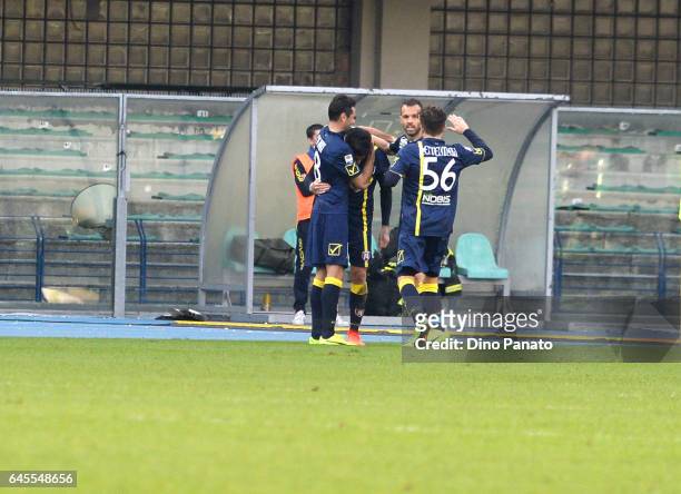 Lucas Castro of ChievoVerona is mobbed by team mates after scoring his team's second goal during the Serie A match between AC ChievoVerona and...