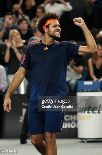 Jo-Wilfried Tsonga of France celebrates winning the final against Lucas Pouille of France at the Open 13, an ATP 250 tennis tournament at Palais des...