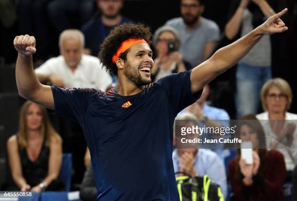 Jo-Wilfried Tsonga of France celebrates winning the final against Lucas Pouille of France at the Open 13, an ATP 250 tennis tournament at Palais des...