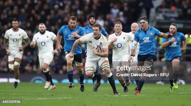 Joe Launchbury of England makes a break during the RBS Six Nations match between England and Italy at Twickenham Stadium on February 26, 2017 in...