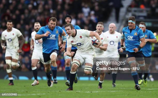 Joe Launchbury of England makes a break during the RBS Six Nations match between England and Italy at Twickenham Stadium on February 26, 2017 in...