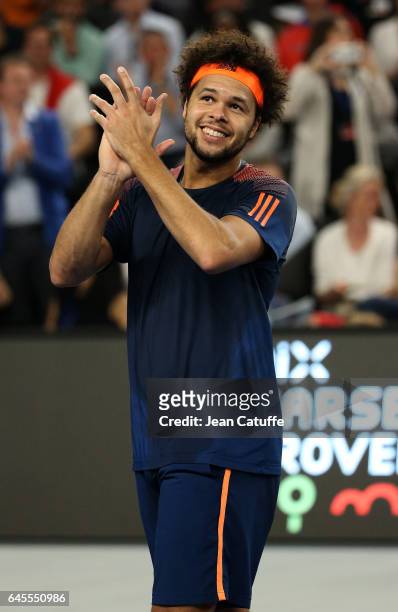 Jo-Wilfried Tsonga of France celebrates winning the final against Lucas Pouille of France at the Open 13, an ATP 250 tennis tournament at Palais des...