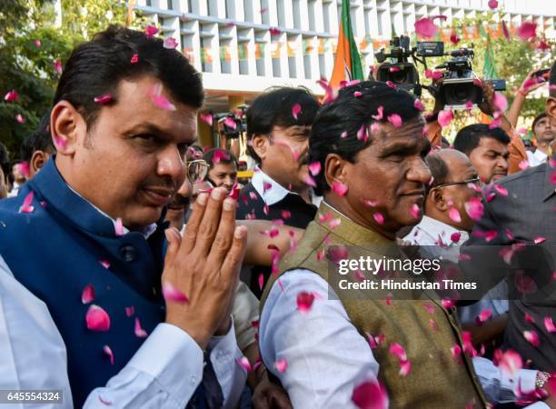 Maharashtra CM Devendra Fadnavis and Maharashtra BJP President Raosaheb Danve arrive for the winning celebration at BJP office, Nariman Point, on...