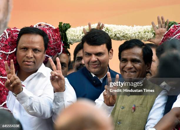 Maharashtra CM Devendra Fadnavis, Maharashtra BJP President Raosaheb Danve, and Ashish Shelar during the winning celebration at BJP office, Nariman...