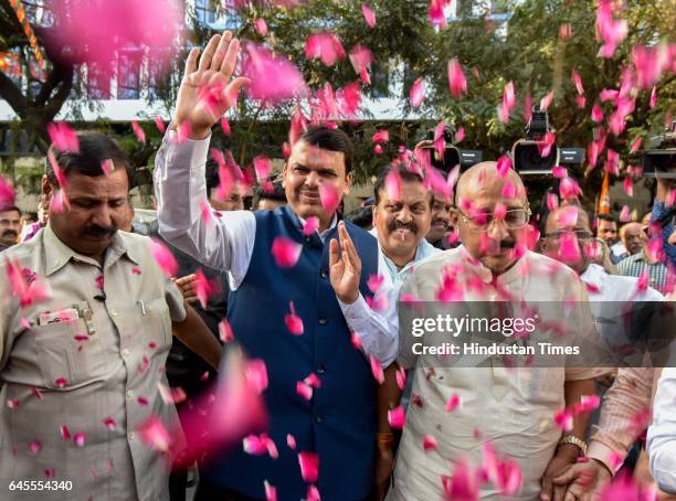 Maharashtra CM Devendra Fadnavis arrives for the winning celebration at BJP office, Nariman Point, on February 25, 2017 in Mumbai, India. Fadnavis...