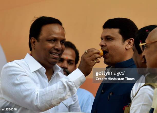 Maharashtra CM Devendra Fadnavis, Maharashtra BJP President Raosaheb Danve, and Ashish Shelar during the winning celebration at BJP office, Nariman...