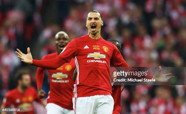 Zlatan Ibrahimovic of Manchester United celebrates as he scores their first goal during the EFL Cup Final match between Manchester United and...