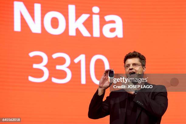 Global CEO Arto Nummela presents his company's new phone "Nokia 3310" during a press conference on February 26, 2017 on the eve of the start of the...