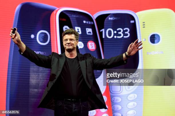 Global CEO Arto Nummela presents his company's new phone "Nokia 3310" during a press conference on February 26, 2017 on the eve of the start of the...