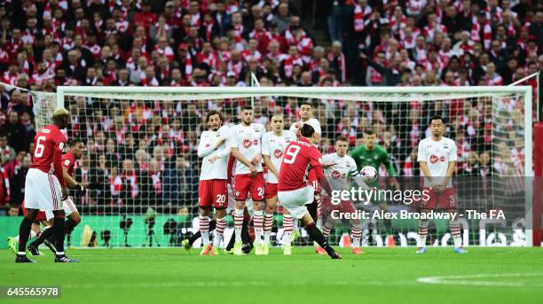 Zlatan Ibrahimovic of Manchester United scores his sides first goal during the EFL Cup Final between Manchester United and Southampton at Wembley...