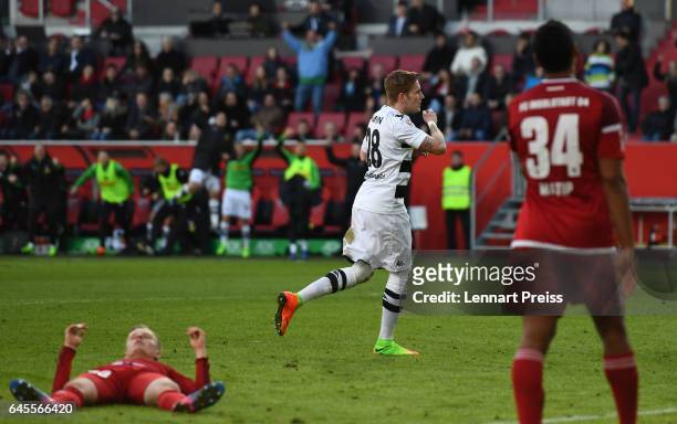 Andre Hahn of Borussia Moenchengladbach celebrates his side's second goal during the Bundesliga match between FC Ingolstadt 04 and Borussia...