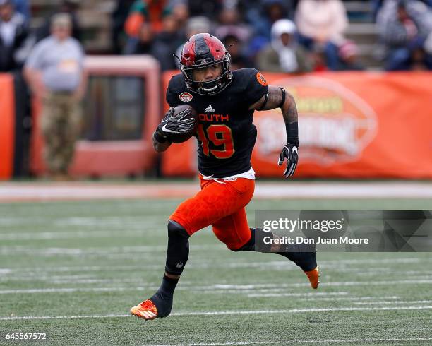 San Diego State Runningback Donnel Pumphrey of the South Team during the 2017 Resse's Senior Bowl at Ladd-Peebles Stadium on January 28, 2017 in...
