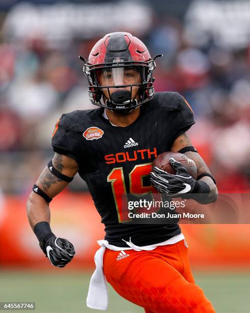 San Diego State Runningback Donnel Pumphrey of the South Team during the 2017 Resse's Senior Bowl at Ladd-Peebles Stadium on January 28, 2017 in...