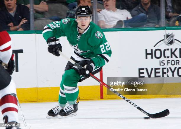 Jiri Hudler of the Dallas Stars handles the puck against the Arizona Coyotes at the American Airlines Center on February 24, 2017 in Dallas, Texas.