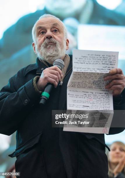 British writer and director Mike Leigh addresses the crowd as thousands gather to watch a free screening and UK premier of Iranian film The Salesman...