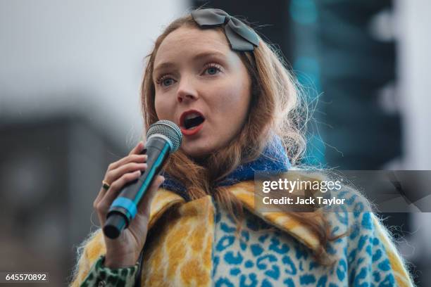 British model Lily Cole addresses the crowd as thousands gather to watch a free screening and UK premier of Iranian film The Salesman in Trafalgar...