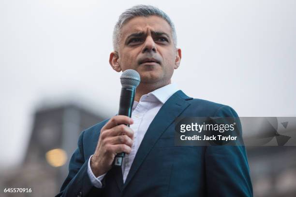 London Mayor Sadiq Khan addresses the crowd as thousands gather to watch a free screening and UK premier of Iranian film The Salesman in Trafalgar...