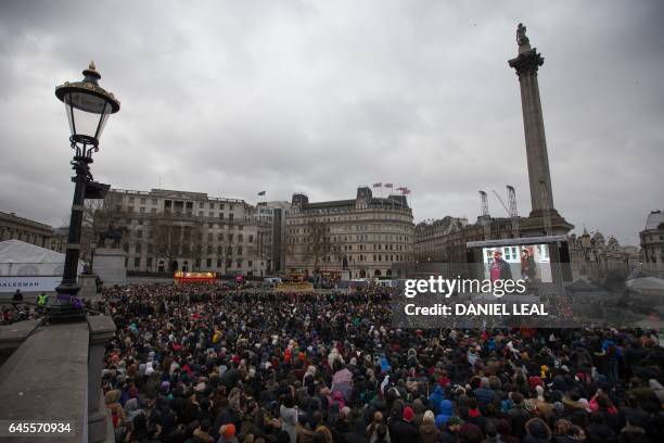 Crowds gather in Trafalgar Square for the public screening for the film 'The Salesman' in central London on February 26, 2017. - Thousands of film...