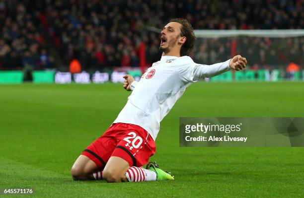 Manolo Gabbiadini of Southampton celebrates as he scores their second goal during the EFL Cup Final match between Manchester United and Southampton...