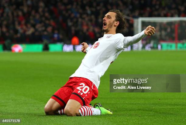 Manolo Gabbiadini of Southampton celebrates as he scores their second goal during the EFL Cup Final match between Manchester United and Southampton...