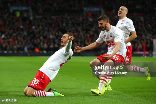 Manolo Gabbiadini of Southampton celebrates with team mates as he scores their second goal during the EFL Cup Final match between Manchester United...