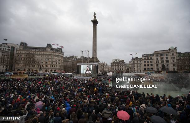 Crowds gather in Trafalgar Square for the public screening for the film 'The Salesman' in central London on February 26, 2017. - Thousands of film...