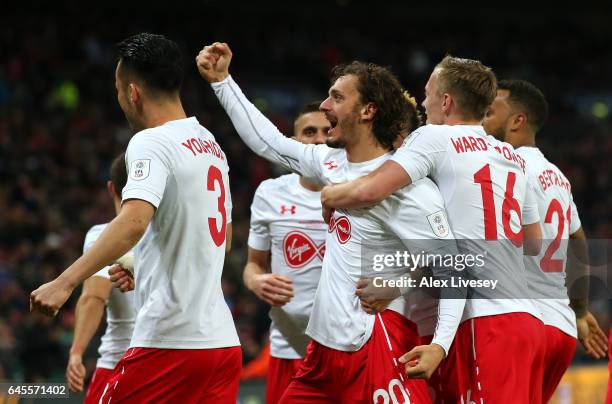 Manolo Gabbiadini of Southampton celebrates with team mates as he scores their second goal during the EFL Cup Final match between Manchester United...