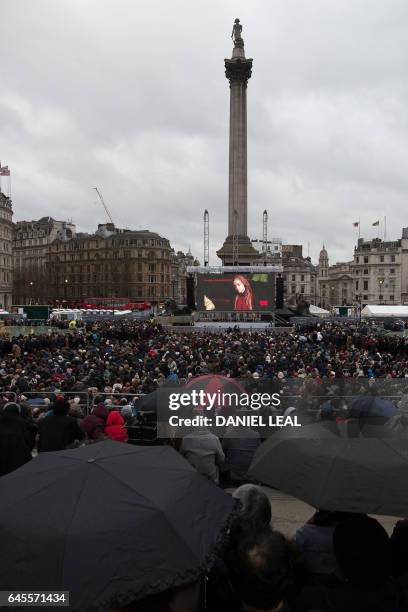 Crowds gather in Trafalgar Square for the public screening for the film 'The Salesman' in central London on February 26, 2017. - Thousands of film...