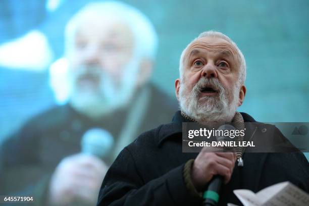 British writer and film director Mike Leigh gives a speech at the public screening of the film 'The Salesman' by Iranian director Asghar Farhadi in...