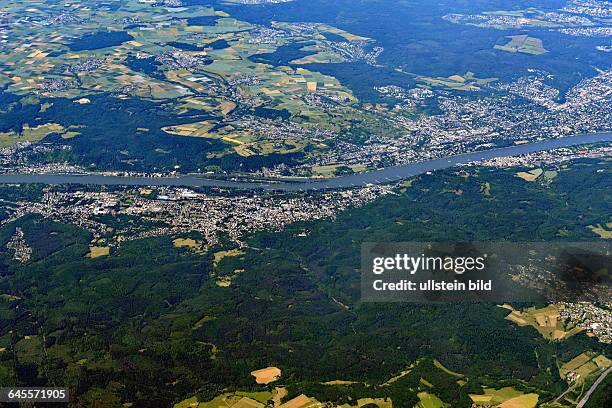 Aerial view of Bad Honnef with Rhine, Seven Mountains and the island Nonnenwerth