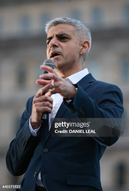 The Mayor of London Sadiq Khan gives a speech at the public screening of the film 'The Salesman' by Iranian director Asghar Farhadi in Trafalgar...