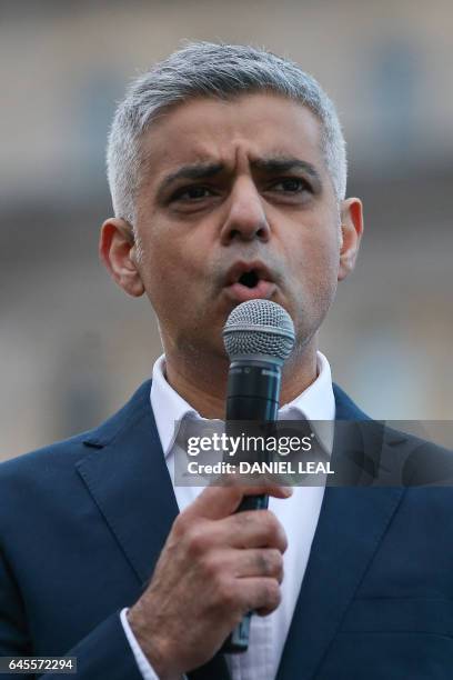 The Mayor of London, Sadiq Khan gives a speech at the public screening of the film 'The Salesman' by Iranian director Asghar Farhadi in Trafalgar...