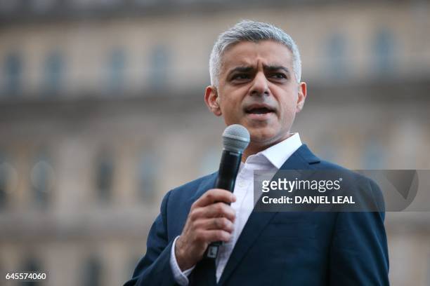 The Mayor of London, Sadiq Khan gives a speech at the public screening of the film 'The Salesman' by Iranian director Asghar Farhadi in Trafalgar...