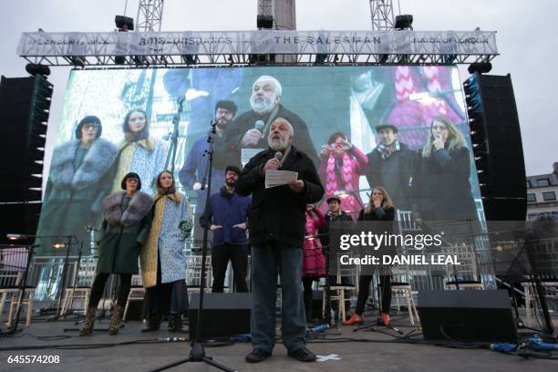 British writer and film director Mike Leigh gives a speech at the public screening of the film 'The Salesman' by Iranian director Asghar Farhadi in...