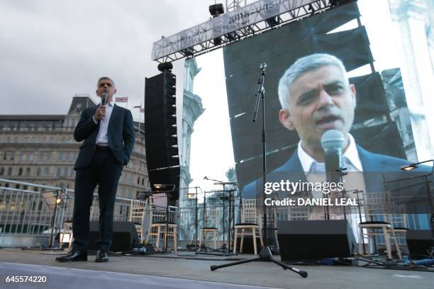 The Mayor of London, Sadiq Khan gives a speech at the public screening of the film 'The Salesman' by Iranian director Asghar Farhadi in Trafalgar...