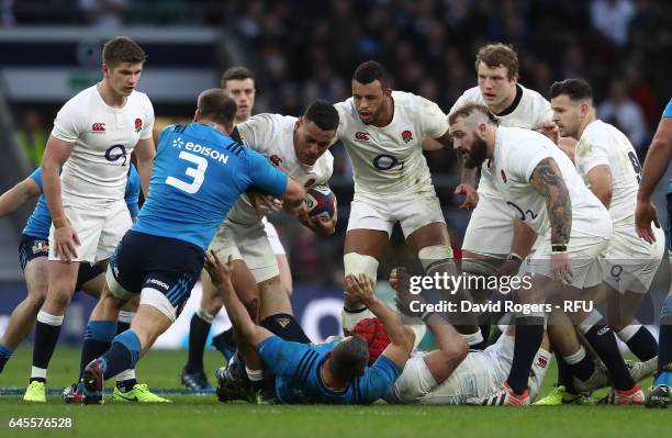 Nathan Hughes of England charges upfield during the RBS Six Nations match between England and Italy at Twickenham Stadium on February 26, 2017 in...