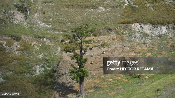 Group of men work the land on a mountain, in the commune of Port-Salut, southwestern Haiti, on February 25 after the vegetation was severely damaged...