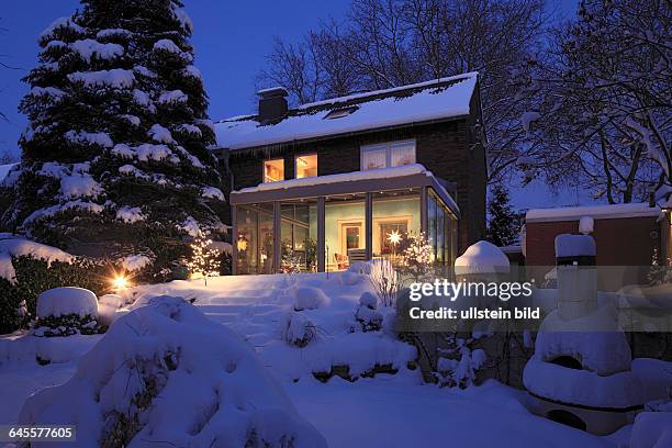 Residential house with winter garden, single-family home, row house, garden side, flower garden, outside staircase, perron, severe winter,...