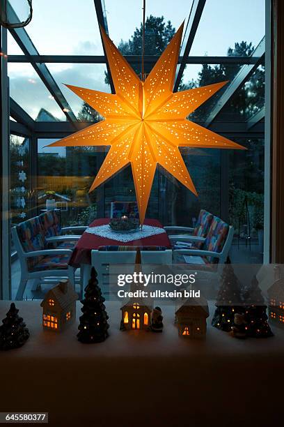 Festive days, advent, Christmas, modelmaking, church, houses, festively decorated, Christmas star, illumination, D-Oberhausen,...