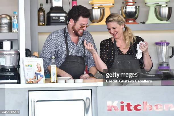 Scott Conant and Amanda Freitag give a cooking demonstration on stage at Goya Foods' Grand Tasting Village Featuring Mastercard Grand Tasting Tents &...