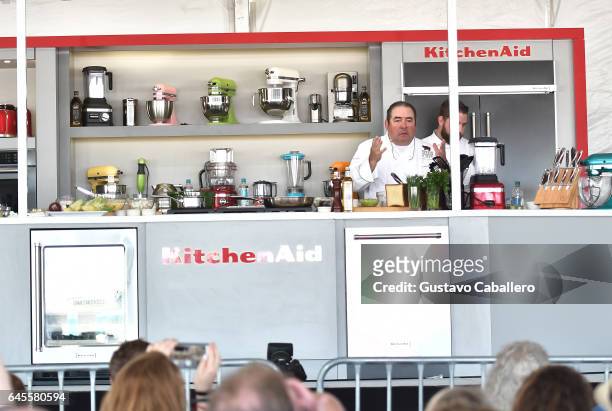 Emeril Lagasse gives a cooking demo on stage at Goya Foods' Grand Tasting Village Featuring Mastercard Grand Tasting Tents & KitchenAid Culinary...