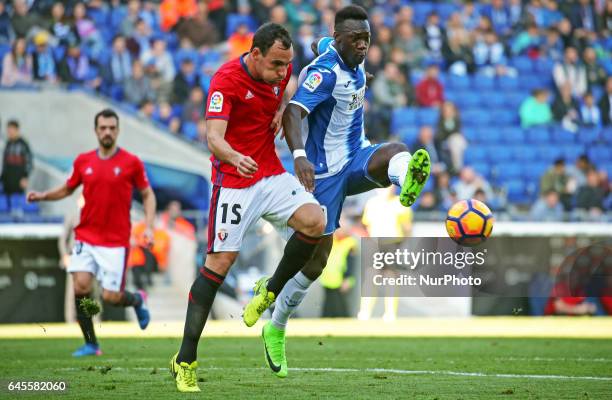 Felipe Caicedo and Unai Garcia during the match between RCD Espanyol and Osasuna, on February 26, 2017 in Barcelona, Spain.