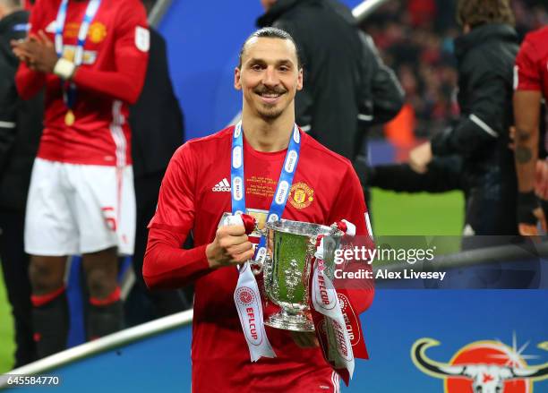 Zlatan Ibrahimovic of Manchester United celebrates victory with the trophy after during the EFL Cup Final between Manchester United and Southampton...