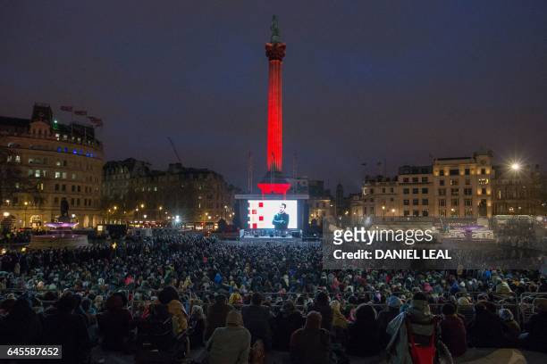 Crowds gather in Trafalgar Square for the public screening for the film 'The Salesman' in central London on February 26, 2017. - Thousands of film...