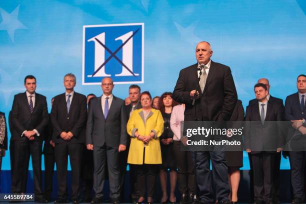 Boyko Borisov, leader of Bulgarian centre right GERB party, speaks during their openening meeting, where the candidates for MPs were presented in the...