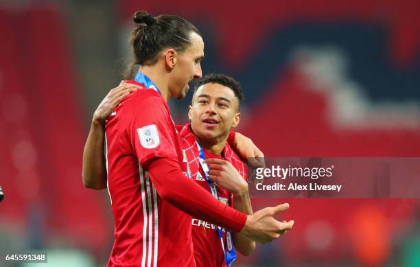 Zlatan Ibrahimovic and Jesse Lingard of Manchester United celebrate victory after the EFL Cup Final match between Manchester United and Southampton...