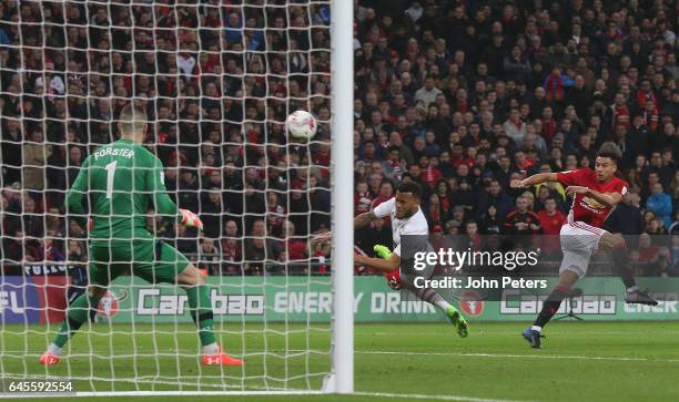 Jesse Lingard of Manchester United has a shot on goal during the EFL Cup Final match between Manchester United and Southampton at Wembley Stadium on...